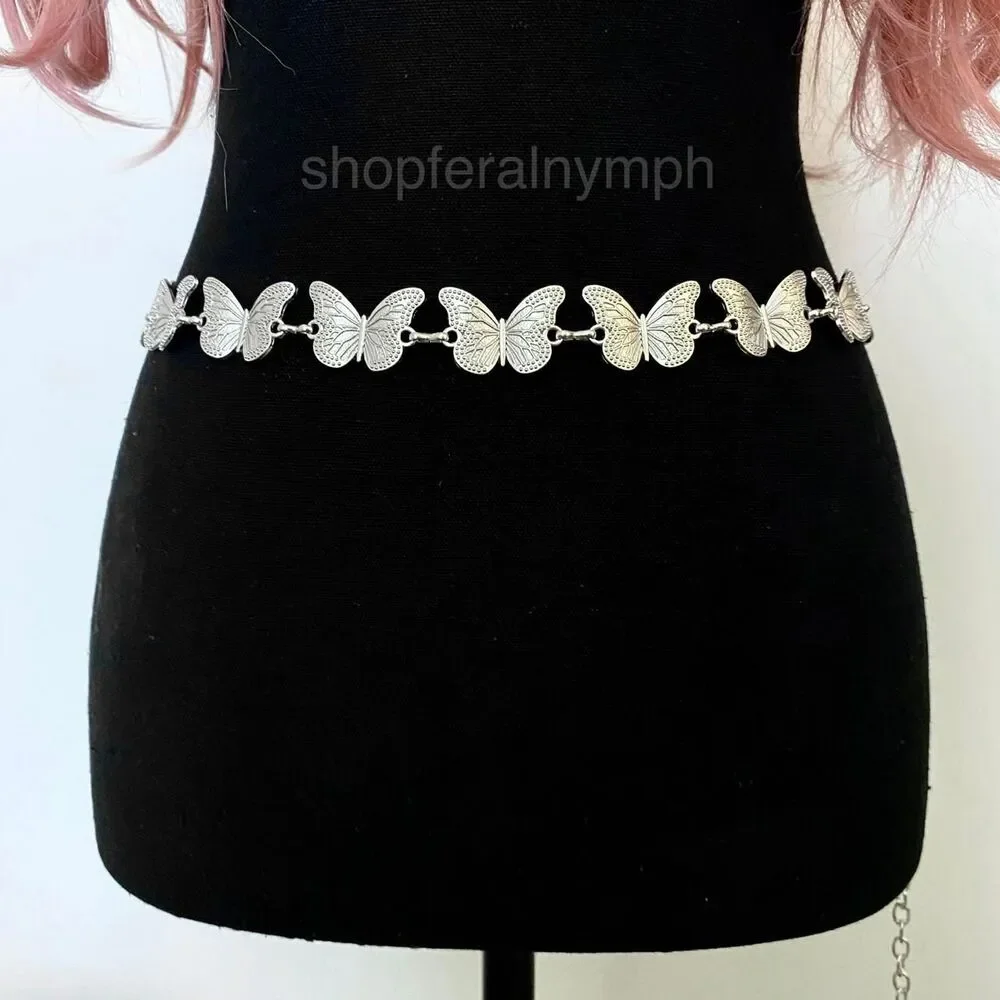 Silver Y2K Butterfly Fairycore Chain Belt, Fits 23-41.5 Inches, X7GA1276
